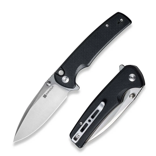 Sachse Flipper/Thumb Stud Folding Knife 3.47"" Satin 9Cr18MoV Drop Point Plain Edge Blade, Black G10 Handle
