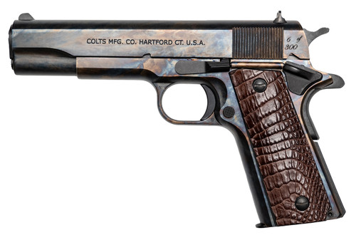 Collectible 1 of 300 CNCLINEAGE Colt Government Lineage 45 ACP 7+1 5" Stainless Match Grade Barrel, Color Case Hardened Stainless Steel Serrated Slide & Frame, Chocolate Alligator Grip