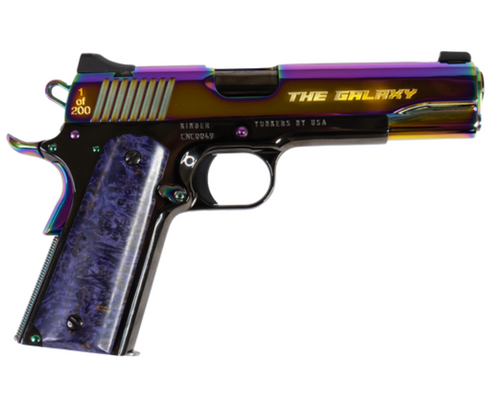COLLECTIBLE 1 OF 200 MADE, CNCGALAXY1911 Kimber 1911 Galaxy 45 ACP 7+1 5" Polished Rainbow PVD Engraved "The Galaxy"/Serrated Slide, Purple Maple Burl Grip