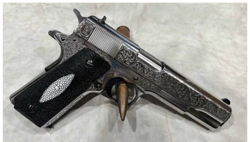 COLLECTIBLE 1 OF 300 MADE, CNCTUX38 Colt 1911 Tuxedo 38 Super 9+1 5" Stainless Steel Barrel, High Polished w/Black DLC Engraving Stainless Steel Serrated Slide & Frame, Stingray Grip