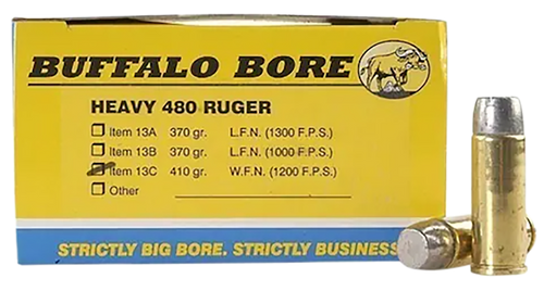 Buffalo Bore Ammunition 13C20 Heavy Strictly Business 480Ruger 410gr Wide Flat Nose 20 Per Box/12 Case Ammo for MA, CT, NJ, IL, NY & CA Buyers