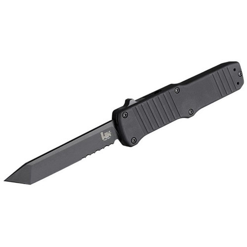 HK HADRON OTF AUTOMATIC - BLACK, 3.375" TANTO BLADE, PARTIALLY SERRATED, BLACK PVD FINISH, ALUMINUM FRAME