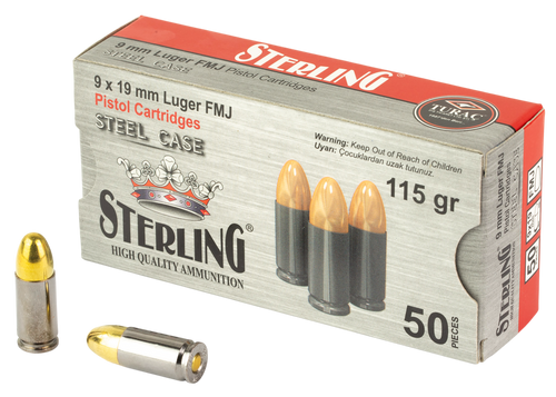 Sterling 8698779957674   9mm Luger 115gr Full Metal Jacket 50 rounds Ammo for all lower 48 states including WA, MA, CT, NJ, IL, NY & CA Buyers