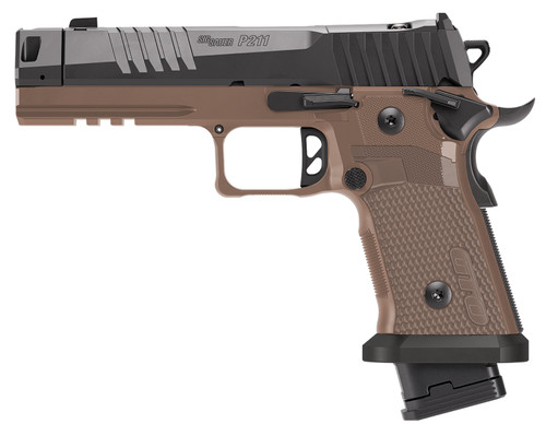 NEW Sig Sauer 211F9GTOCBT P211 GTO Combat 9mm Luger 23+1 4.40" Black Bull w/MACH3D Compensator Barrel, Black Nitron Stainless Steel Optic Ready/Serrated Slide, Coyote Brown SS Frame w/Picatinny Rail, Coyote Brown G10 Grip, SIGLOC-PRO Footprint