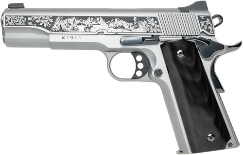 Collectible 300 made CNCWESTSPIRIT Kimber 1911 Western Spirit 45 ACP 7+1 5" Stainless Steel Barrel, Serrated w/Engraved Scrollwork Slide, Black Buffalo Horn Grip
