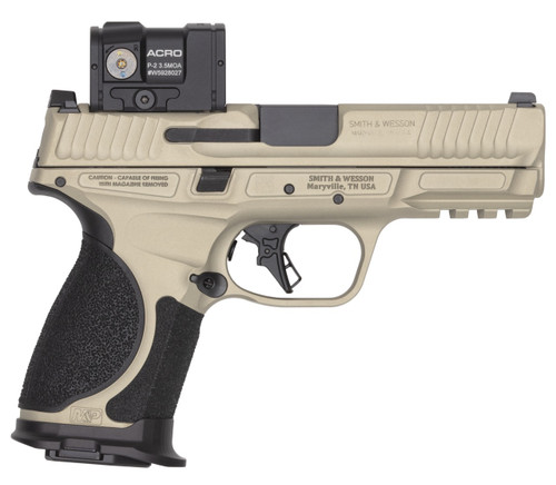 Smith & Wesson M&P9 M2.0 Metal Compact Spec Series VI 9mm 4" 15rd, Champagne, w/ Acro P-2 Optic, Bag, Belt, Knife 14634