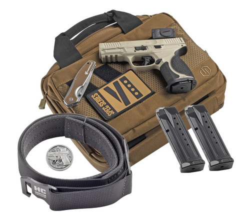 Smith & Wesson M&P9 M2.0 Metal Compact Spec Series VI 9mm 4" 15rd, Champagne, w/ Acro P-2 Optic, Bag, Belt, Knife 14634