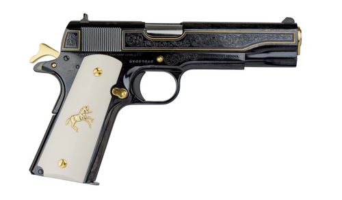 Colt 1911 Classic Engraved, 38 Super, Polished Black with Gold Plated Outline and White Grips with the Gold Colt Medallions