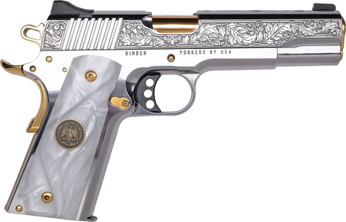 KIMBER CNCPATRIA Kimber 1911 Patria 38 Super Gold Plated PVD Barrel, Polished Stainless Steel Engraved/Serrated Slide, Stainless w/Gold Accents Frame, Pearl Grip