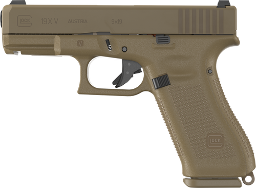 Glock UV1950701X G19X V 9mm Luger 10+1 4.02" Black GMB Barrel, Coyote nPVD Steel Serrated Slide, Coyote Brown Polymer Frame, Textured Polymer Grip, Ambidextrous