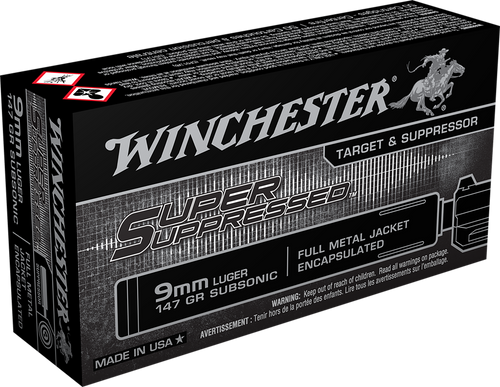 Winchester Ammo SUP9 Super Suppressed  9mmLuger Subsonic 147gr Encapsulated Full Metal Jacket 50 Per Box/10 Case Ammo for MA, CT, NJ, IL, NY & CA Buyers
