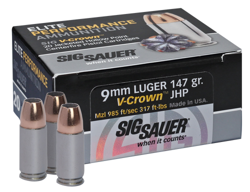 Sig Sauer E9MMA320 Elite Performance  9mmLuger 147gr V-Crown Jacketed Hollow Point 20 Per Box/10 Case Ammo for MA, CT, NJ, IL, NY & CA Buyers