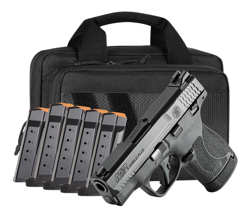 Smith & Wesson 14750 M&P Shield Plus Bundle Micro-Compact 9mm Luger 13+1, 3.10" Black Armornite Stainless Steel Barrel & Serrated Slide, Matte Black Polymer Frame,  Thumb Safety, 6 Mags & Bag