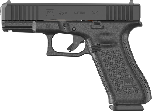 Glock PV4550203 G45 V Crossover 9mm Luger 17+1 4.02" Black GMB Barrel, Black nDLC Steel Serrated Slide, Black Polymer Frame w/Accessory Rail, Textured polymer Grip, Ambidextrous