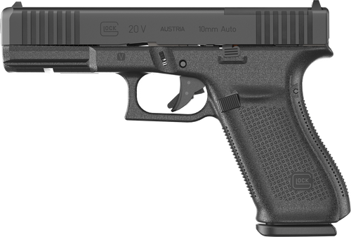 Glock UV2050203MOS G20 V MOS Standard 10mm Auto 15+1 4.61" Black Barrel, Black nDLC Steel Optic Ready/Serrated Slide, Black Polymer Frame w/Accessory Rail, Interchangeable Backstrap, Ambidextrous