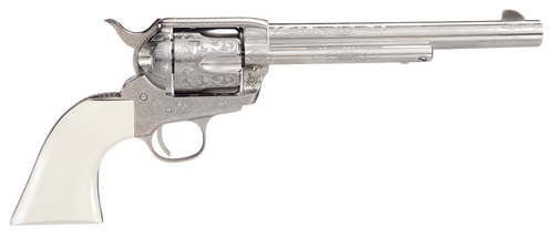 Taylors & Company  1873 Outlaw Legacy Pietta 45 Colt (Long Colt) 6 Shot 7.50" Nickel Engraved Round Barrel, Cylinder & Steel Frame, White PVC Navy Grip, Manual Safety, Exposed Hammer