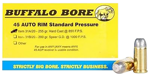 Buffalo Bore 45 Auto Rim Ammo 255gr Hard Cast Flat Nose Ammunition - 20 Rounds