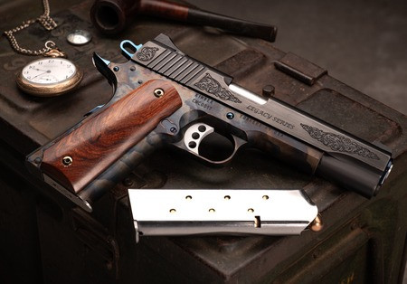 COLLECTIBLE only 200 made CNCLEGACY45 Kimber 1911 Legacy 45 ACP 7+1 5" Stainless Steel Barrel, Color Case Hardened Steel Engraved/Serrated Slide, Color Case Hardened Steel Frame, Walnut Grip