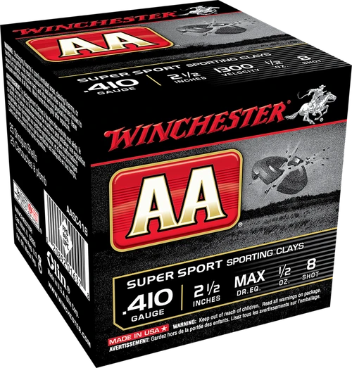 Winchester Ammo AASC418VP AA Sporting Clay 410Gauge 2.50" 1/2oz 8Shot 100 Per Box Ship to all lower 48 states including MA, ME, RI, CT, NJ, WA, IL, NY 01 ffl dealers & CA 01 ffl dealers Buyers