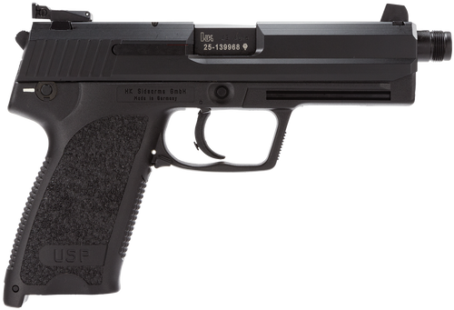 HK 81000350 USP Tactical V1 SA/DA 45 ACP Caliber with 5.09" Threaded Barrel 12+1 Capacity Overall Black Finish Serrated Trigger Guard Frame Serrated Steel Slide Polymer Grip & Decocker Safety Includes 2 Mags