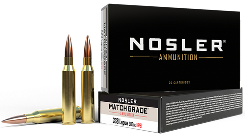 Nosler 338 Lapua Mag Ammunition 43136 300 gr Custom Competition Hollow Point Boat Tail 20 Rounds