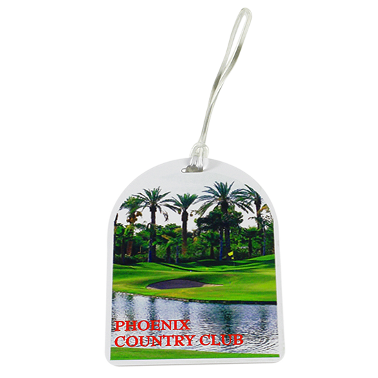 American-made Golf Bag Tag with logo, US-made bag tag, teardrop golf bag tag with logo, full-color digital print golf bag tag, full color bag tag, teardrop bag tag with strap, golf promo items, golf swag