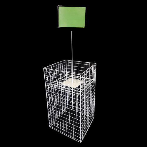 Square wire mesh bin with sign