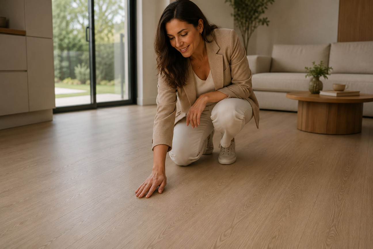 Living con piso vinílico símil madera; una mujer apoya la mano sobre la superficie