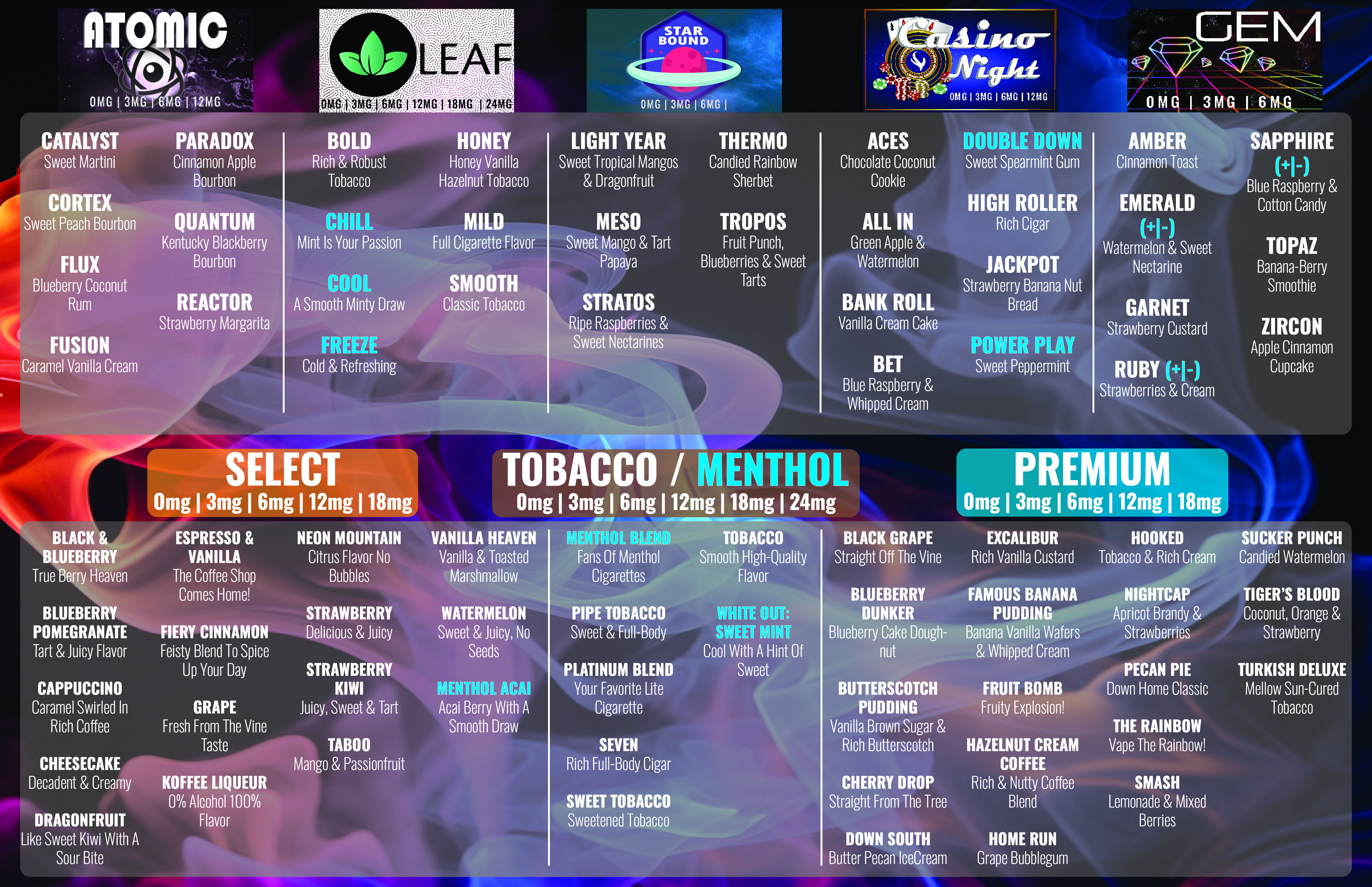 The Saffire Vapor E-Liquid Menu