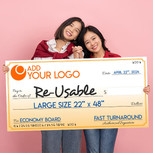 22x48 reusable dry erase Large Check on economy board with person looking at the big check