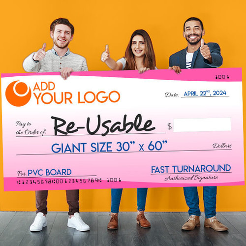 30x60 reusable dry erase Giant Check on pvc board with person looking at the big check