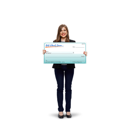 Business woman holding a low-cost 16x32 big check