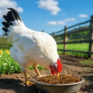 Chicken eating dried black soldier fly larvae