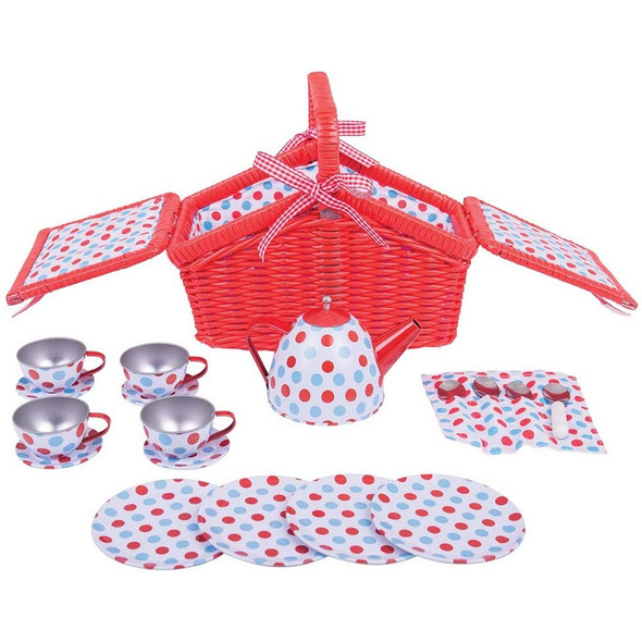 Bigjigs Colourful Spotted Tea Set and Carry Basket