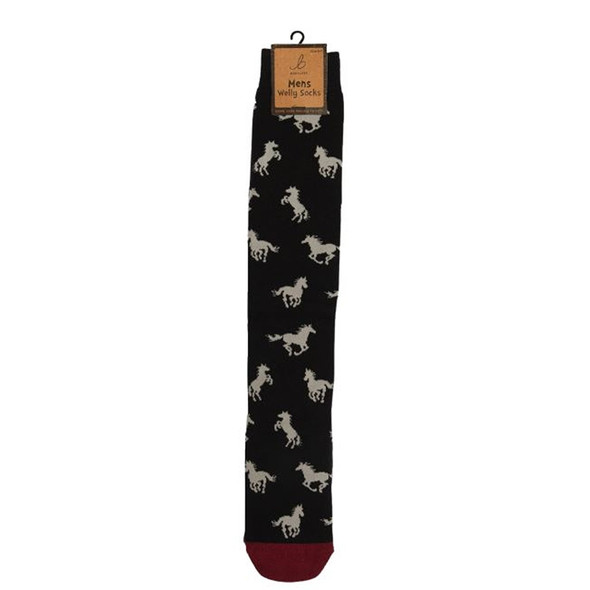 Bartleby Mens Welly Socks - Black Socks With Grey Horse