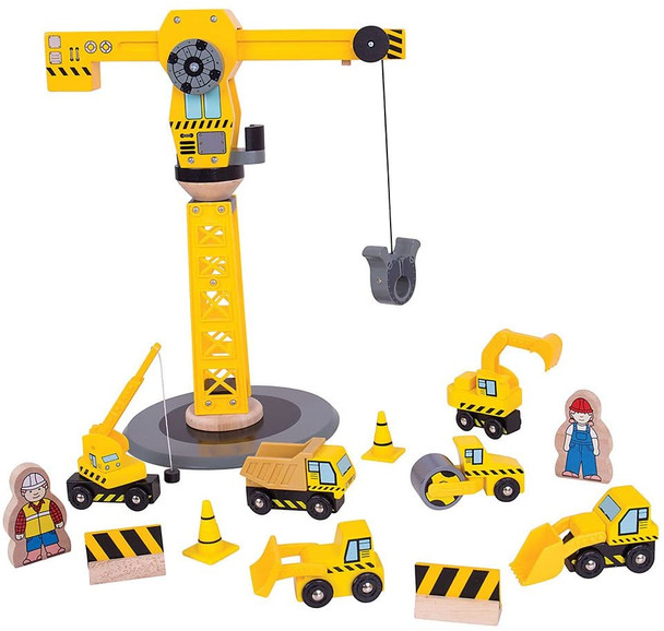 Bigjigs Wooden Railway Yellow Crane Construction Set