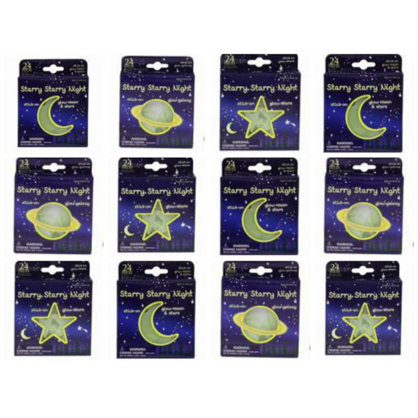 12 Packs of Glow In The Dark Moon & Stars - 3 Assorted Designs