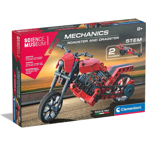 Clementoni - Officina Meccanica - Roadster e Dragster - Più di 130 Componenti Intercambiabili - Gioco di Costruzione - per Bambini dagli 8 anni in su - Multilingue - 75079