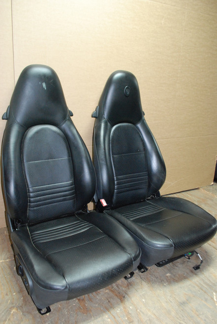 Porsche 911 996 Carrera Seats Black Leather Pair Left Right with tiny Crest 