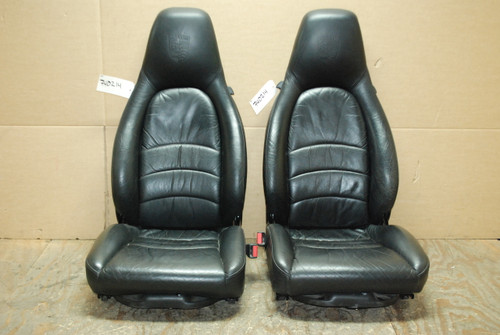 Porsche 911 993 Carrera Seats Black Supple Leather 8x8 way w/ Crest