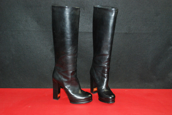 Auth CHANEL Calfskin Double Platform Knee High Boots Black CC Heel EU_42 US_10.5