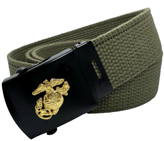 Gold EGA USMC Emblem on Black Buckle, OD Web Belt w/Black Tip 45" x 1.25" New