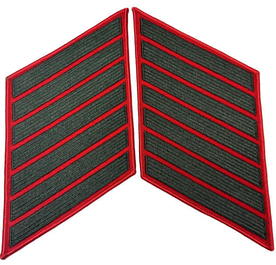 US Marine Corps Male Service Stripe - USMC 7-Stripes Green on Red, Pair, Patches
