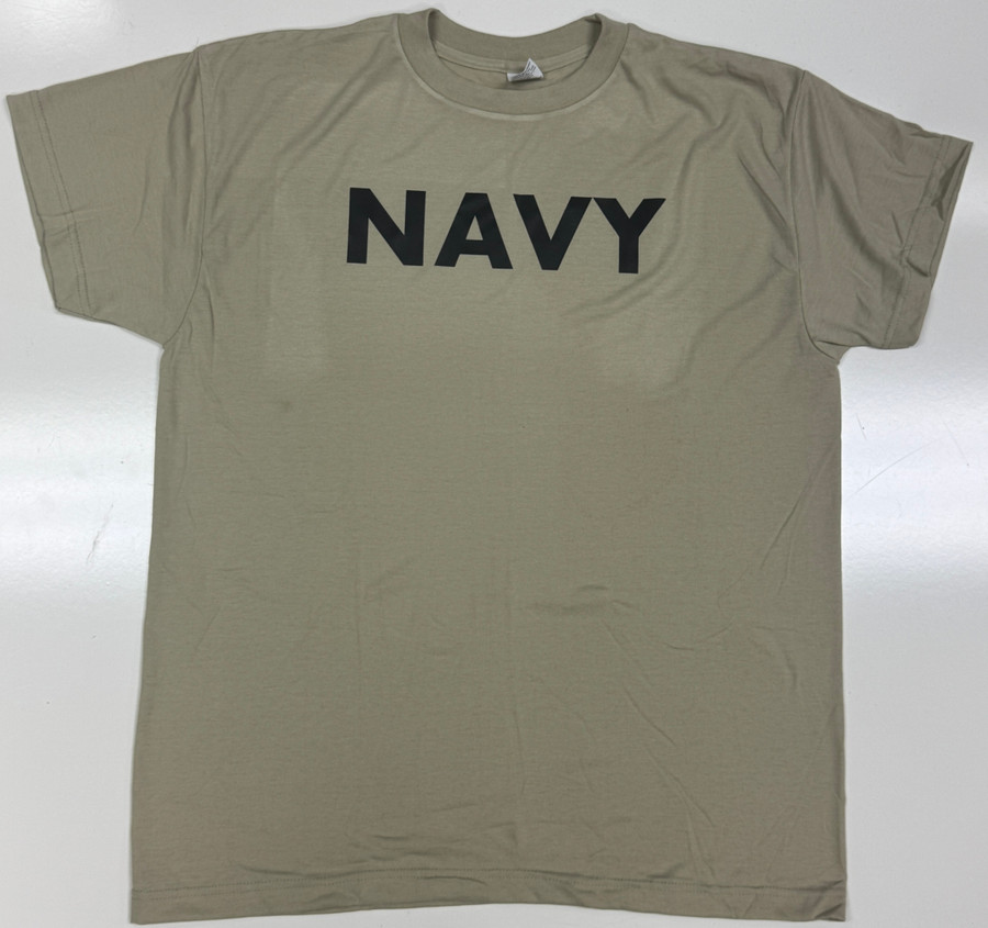 USN Tan PT T-Shirt w/Black "Navy" Letters Size Large  NEW