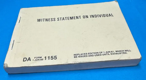 Vintage 1966 US Military Witness Statement On Individual Book DA FORM 1155 NOS