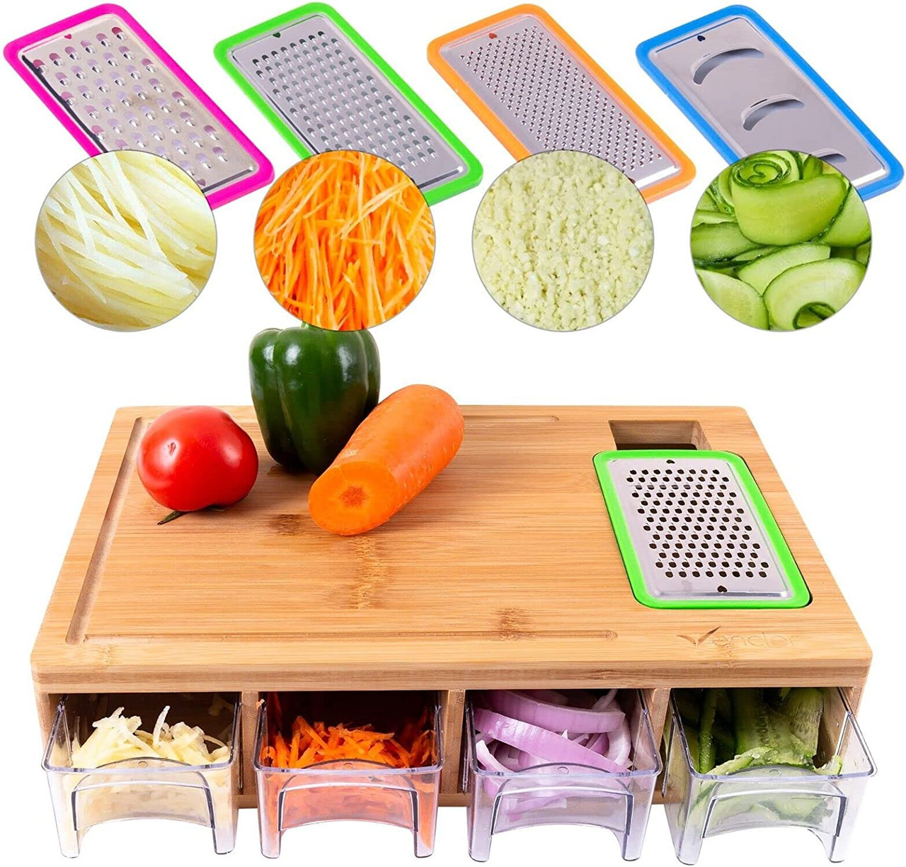 Bamboo Cutting Board with Containers, Lids, Graters, Carving Board