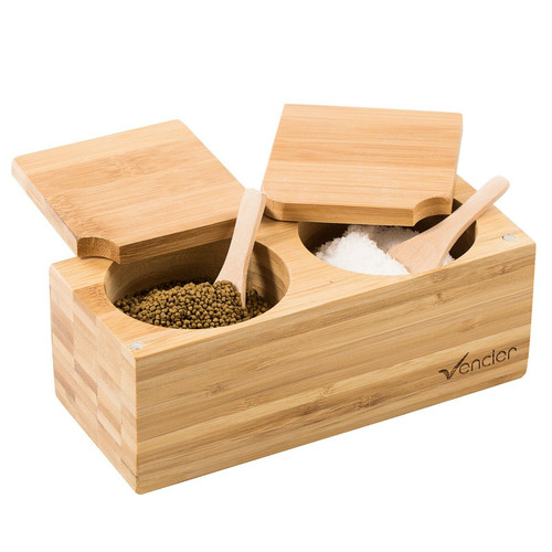  Bamboo Spice Salt & Pepper Box Magnetic Hinged Lid Pot Includes Spoons