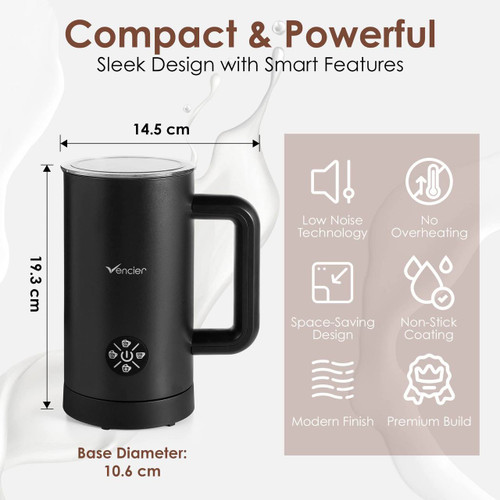 Electric Milk Frother & Warmer – Hot/Cold Foam, 3 Modes, Auto Shut-Off