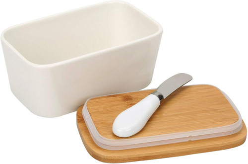 Porcelain Butter Dish with Knife & Bamboo Lid