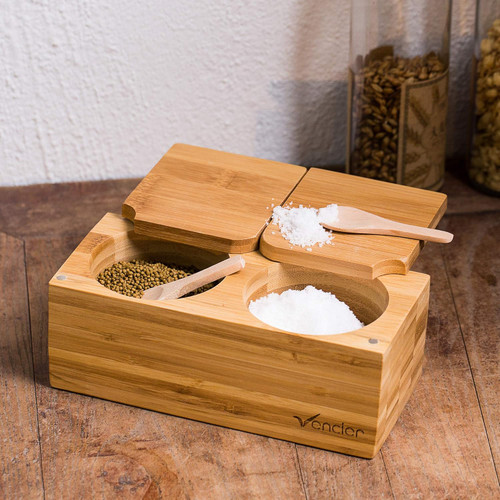 Bamboo Salt & Pepper Box with Magnetic Lid (2-Section) + 2 Spoons.